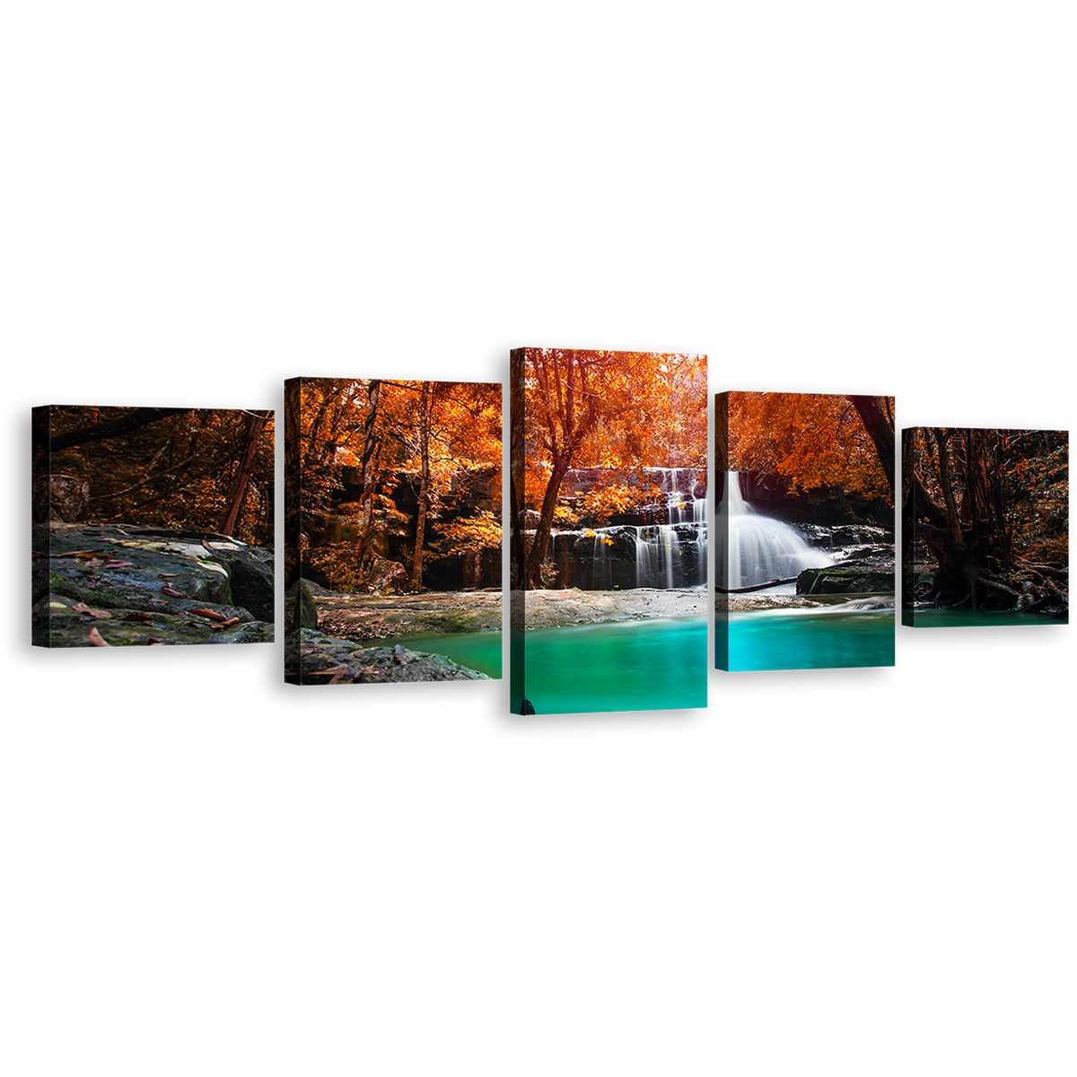Deep Rainforest Canvas Wall Art, Thailand Orange Forest Waterfall 5 Pi ...