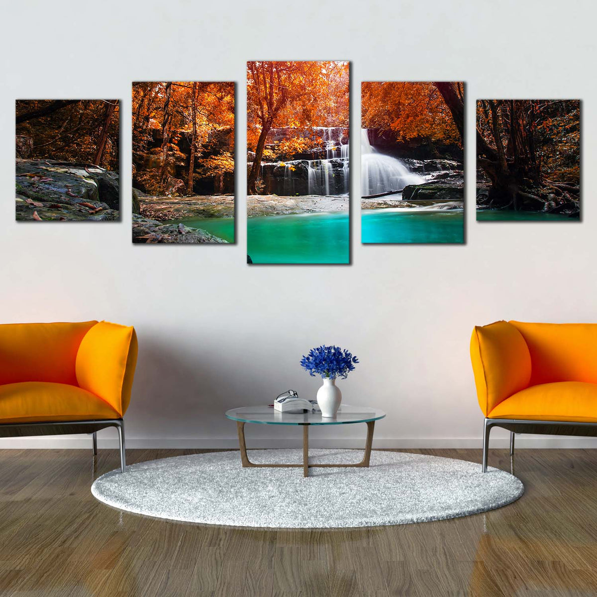 Deep Rainforest Canvas Wall Art, Thailand Orange Forest Waterfall 5 Pi ...