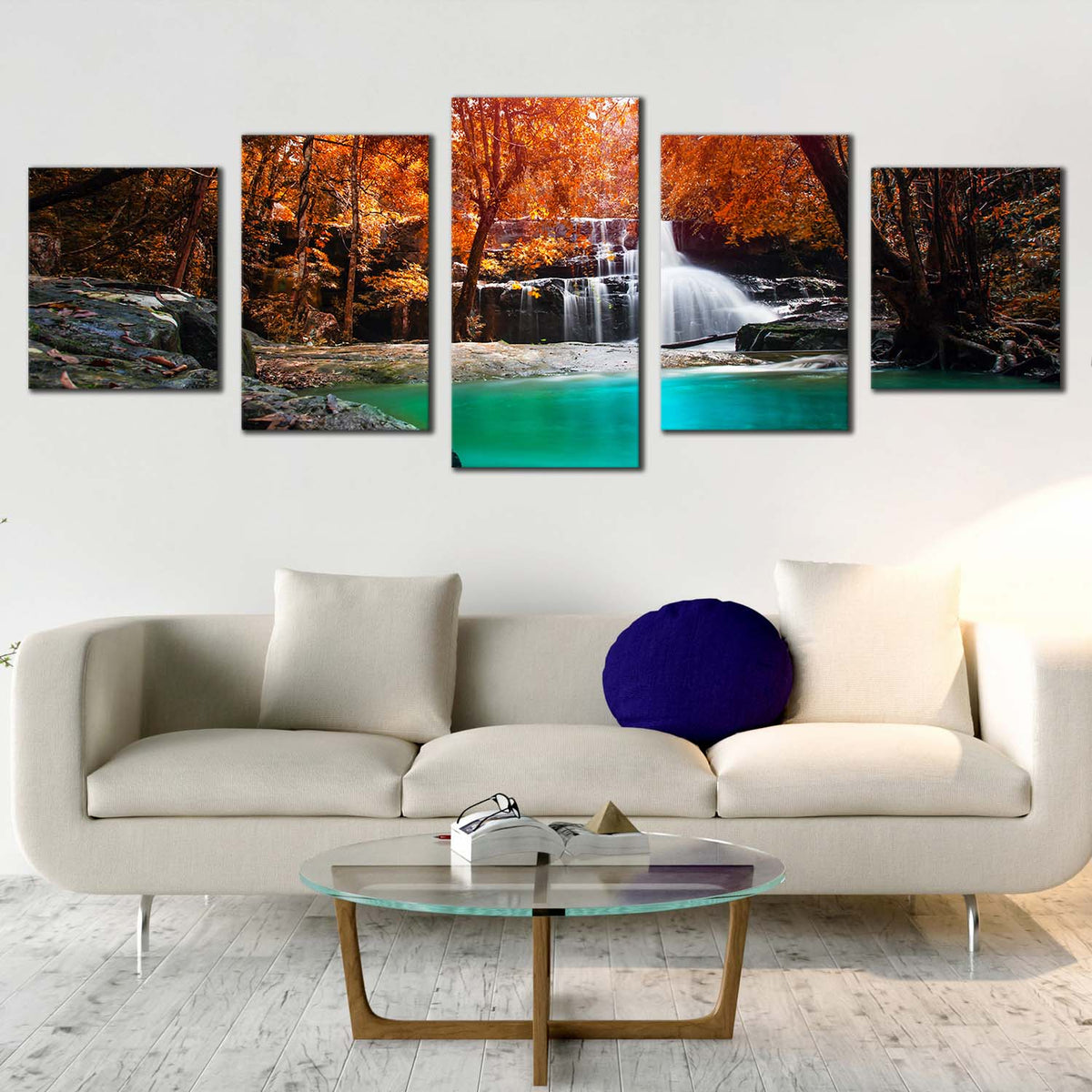 Deep Rainforest Canvas Wall Art, Thailand Orange Forest Waterfall 5 Pi ...