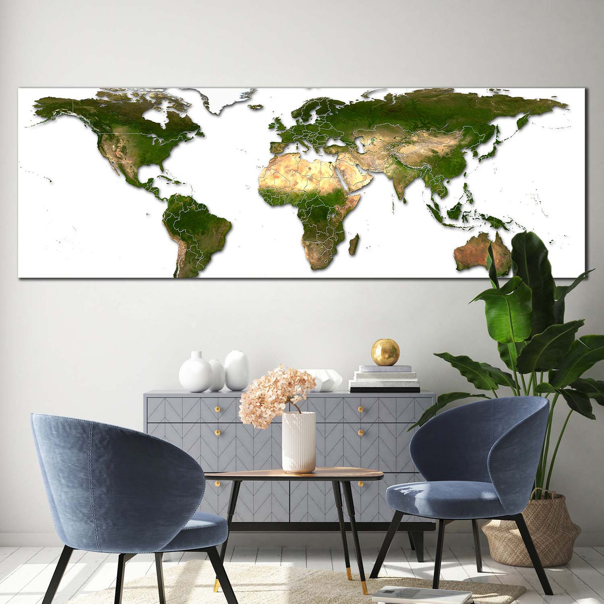 Flat World Canvas Wall Art, Green World Map 1 Piece Canvas Artwork, Wh ...