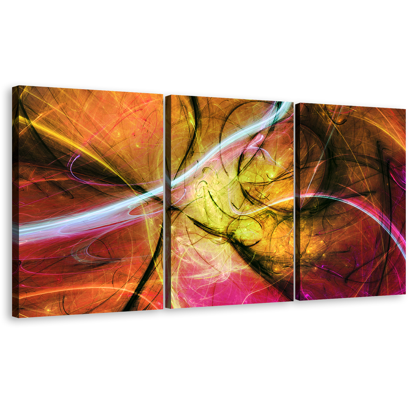 3D Abstract Canvas Wall Art, Abstract Electric Fractal 3 Piece Canvas Print, Colorful Abstract Canvas Set