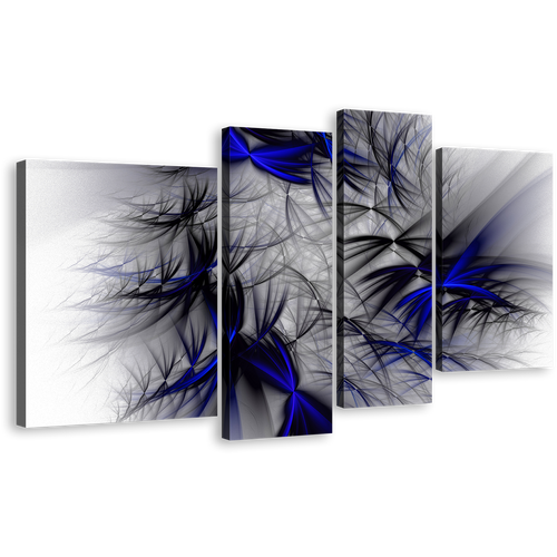 3D Abstract Canvas Wall Art, Blue Abstract Art Print Canvas Set, Black Fractal Abstract Design 4 Piece Canvas Print