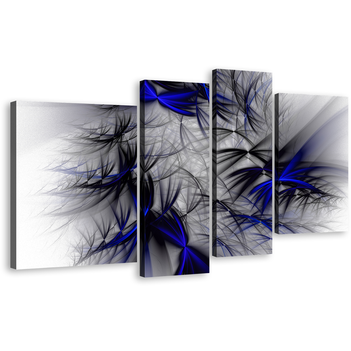 3D Abstract Canvas Wall Art, Blue Abstract Art Print Canvas Set, Black Fractal Abstract Design 4 Piece Canvas Print