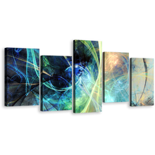 Load image into Gallery viewer, 3D Abstract Canvas Wall Art, Blue Abstract Glowing Design 5 Piece Multi Canvas Artwork, Yellow Abstract Fractal Electricity Canvas Print
