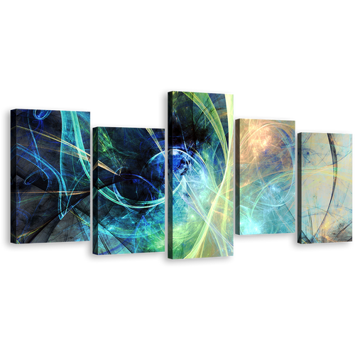 3D Abstract Canvas Wall Art, Blue Abstract Glowing Design 5 Piece Multi Canvas Artwork, Yellow Abstract Fractal Electricity Canvas Print