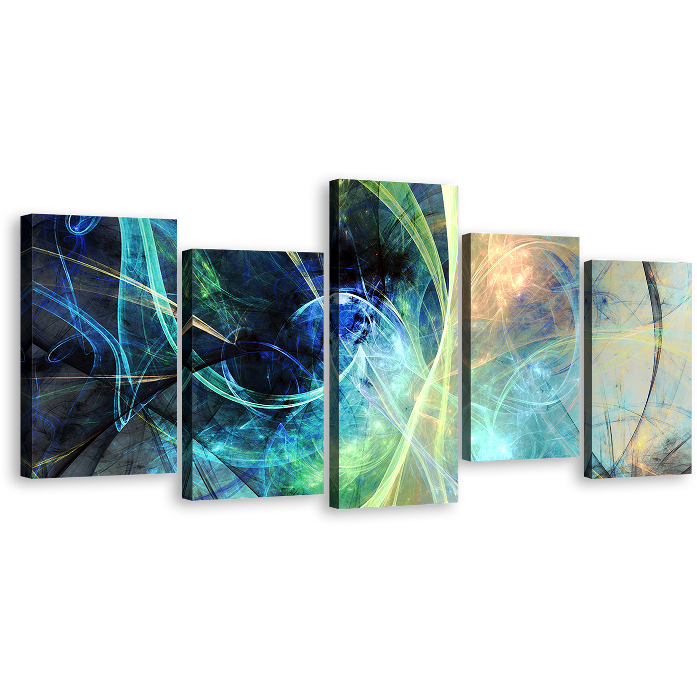 3D Abstract Canvas Wall Art, Blue Abstract Glowing Design 5 Piece Multi Canvas Artwork, Yellow Abstract Fractal Electricity Canvas Print