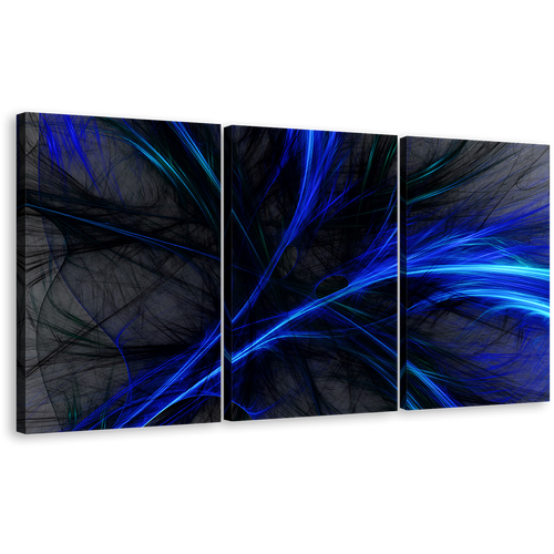 3D Abstract Canvas Wall Art, Blue Black Digital Abstract Graphics 3 Piece Canvas Print, Abstract Fractal Bright Multi Canvas Artwork