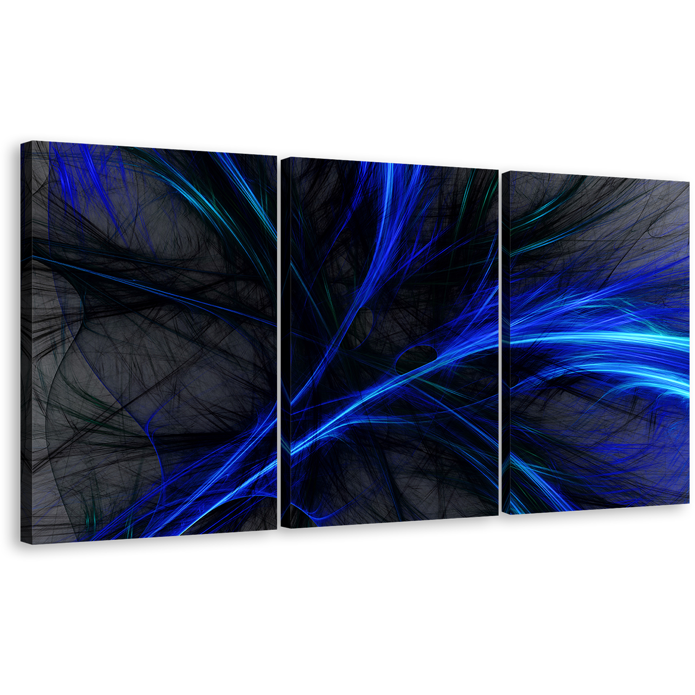 3D Abstract Canvas Wall Art, Blue Black Digital Abstract Graphics 3 Piece Canvas Print, Abstract Fractal Bright Multi Canvas Artwork