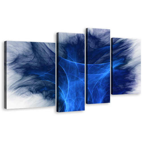 3D Abstract Canvas Wall Art, Blue Digital Abstract Graphics 4 Piece Canvas, White Modern Abstract Fractal Canvas Print