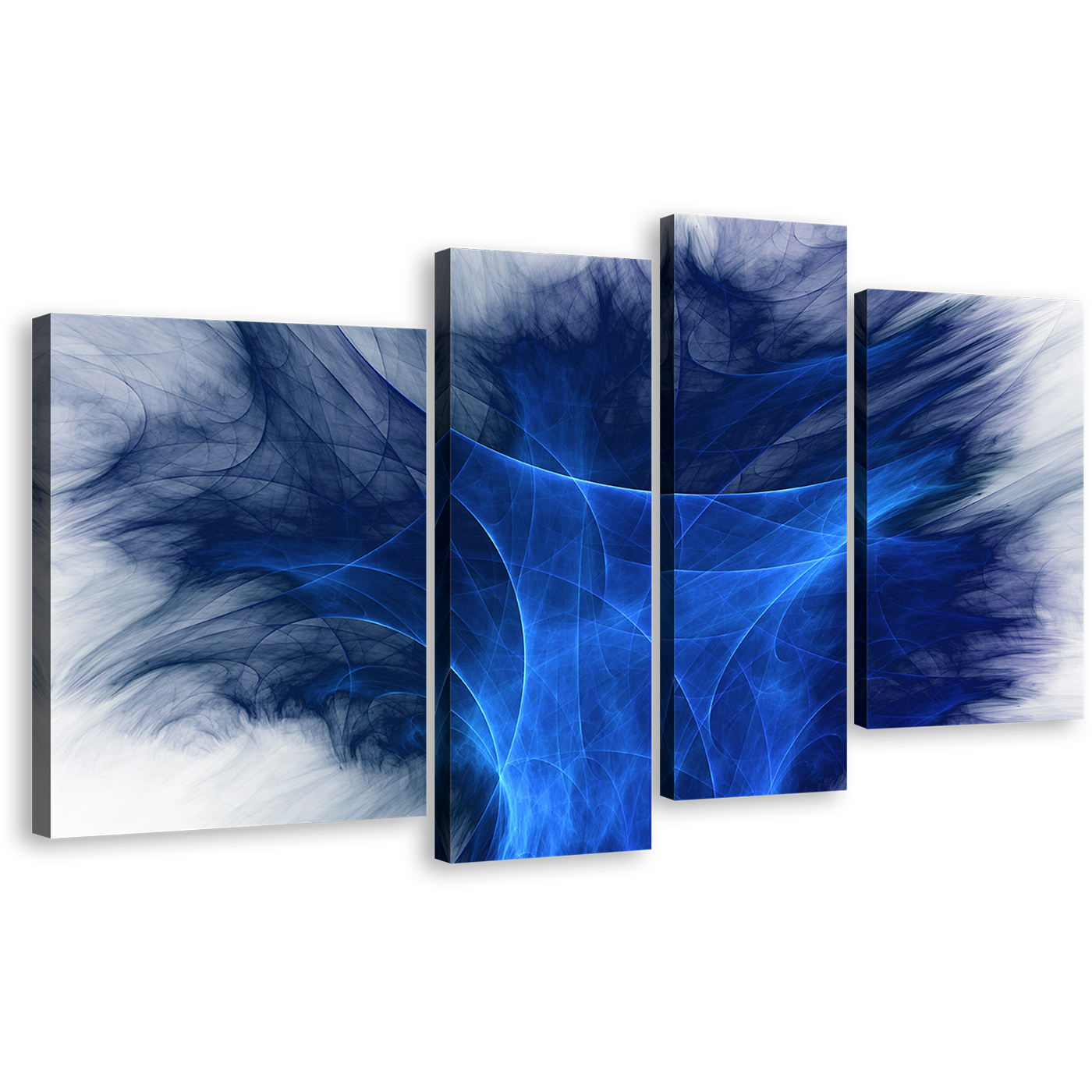 3D Abstract Canvas Wall Art, Blue Digital Abstract Graphics 4 Piece Canvas, White Modern Abstract Fractal Canvas Print