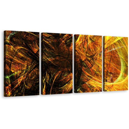 3D Abstract Canvas Wall Art, Yellow Black Abstract Digital Graphics 4 Piece Canvas Print, Abstract Deep Patterns Multi Canvas