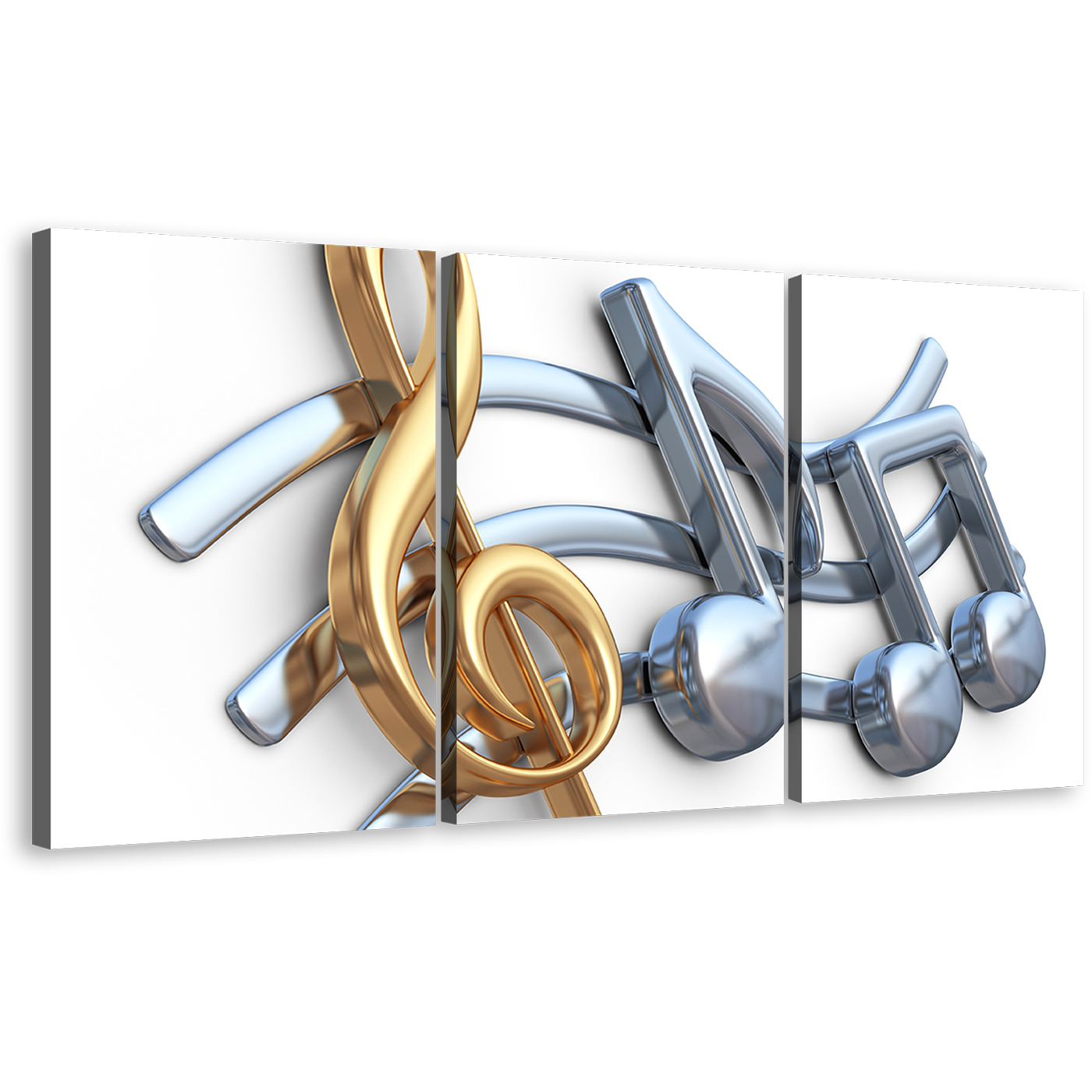 3D Music Canvas Wall Art, Metallic Silver Gold Musical Notes Multi Canvas, Charming Music Notes 3 Piece Canvas Print