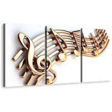 Load image into Gallery viewer, 3D Music Canvas Wall Art, Music Note White Background 3 Piece Canvas Print, Gold Bright 3D Music Notes Multiple Canvas Set
