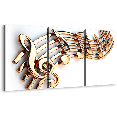 3D Music Canvas Wall Art, Music Note White Background 3 Piece Canvas Print, Gold Bright 3D Music Notes Multiple Canvas Set