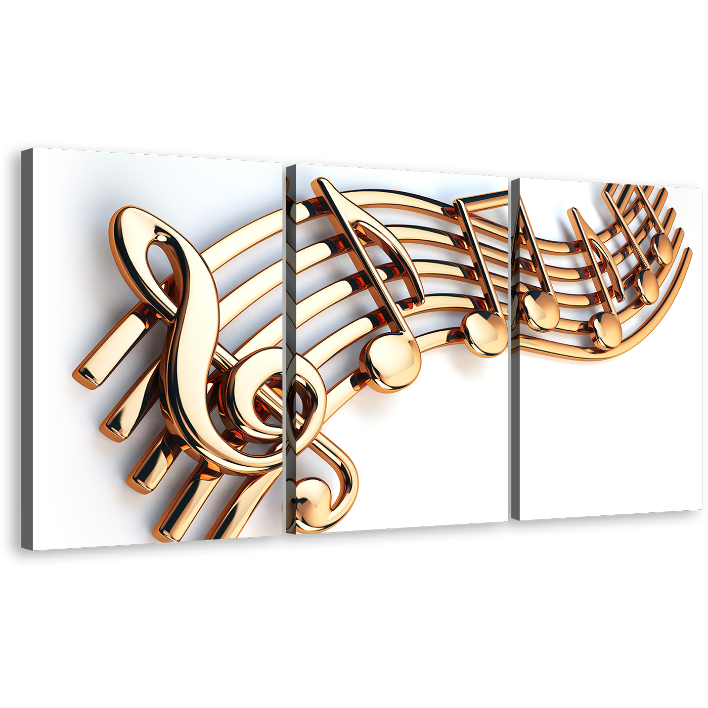 3D Music Canvas Wall Art, Music Note White Background 3 Piece Canvas Print, Gold Bright 3D Music Notes Multiple Canvas Set