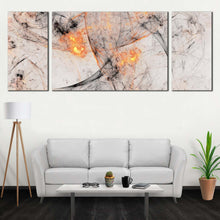 Load image into Gallery viewer, 3 piece canvas with the yellow and grey fractal artistic print In Living Room
