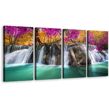 Load image into Gallery viewer, A Autumn Forest Canvas Wall Art, Blue Waterfall in Nature 4 Piece Canvas Print, Orange Red Trees Waterfall Scenic Canvas Set
