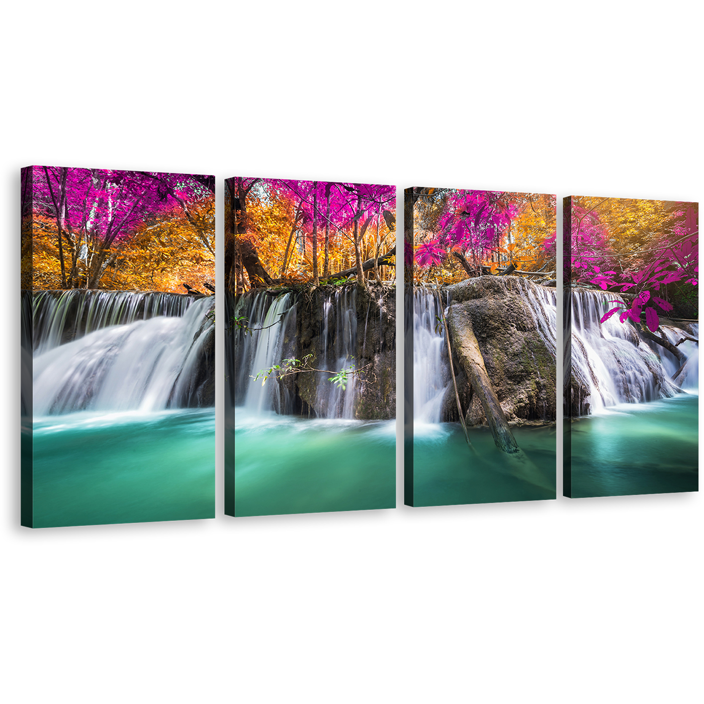 A Autumn Forest Canvas Wall Art, Blue Waterfall in Nature 4 Piece Canvas Print, Orange Red Trees Waterfall Scenic Canvas Set