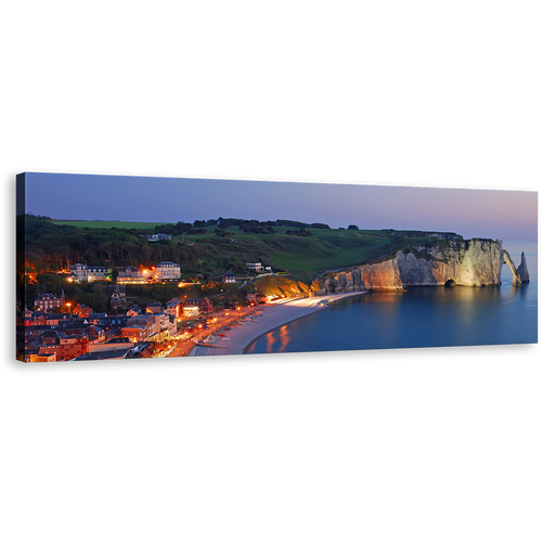 A Etretat Beach Canvas Wall Art, Blue Normandy Sea Canvas Print, Green France Cliff Village Panoramic Canvas Artwork, Orange Lights City Beach Wide Canvas