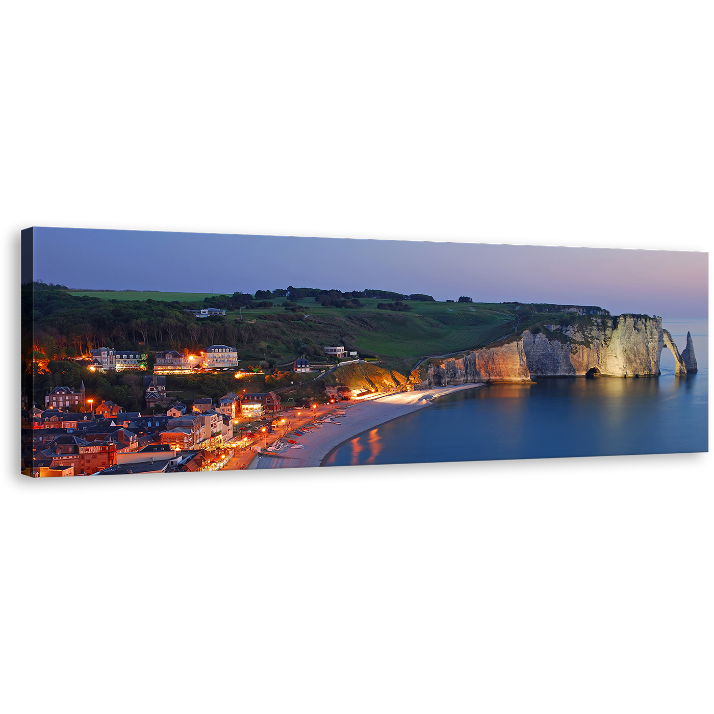 A Etretat Beach Canvas Wall Art, Blue Normandy Sea Canvas Print, Green France Cliff Village Panoramic Canvas Artwork, Orange Lights City Beach Wide Canvas