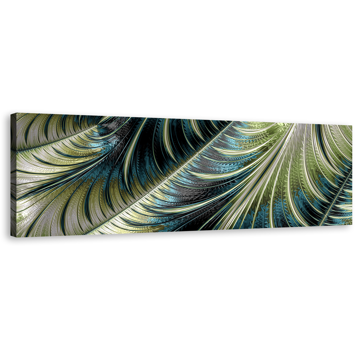 Absract Fractal Canvas Wall Art, Blue Green Abstract Digital Pattern Panoramic Canvas Print, Modern Abstract Wide Canvas