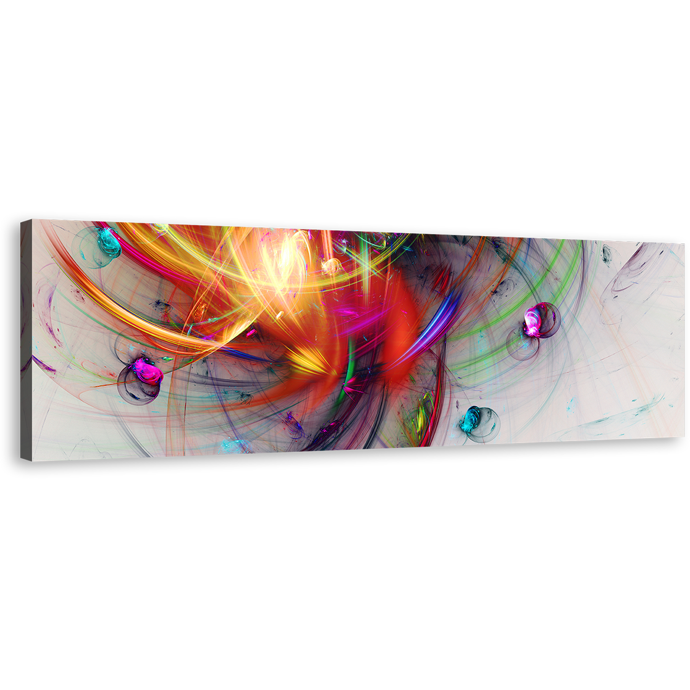 Abstract 3D Canvas Wall Art, Colorful Abstract Glowing Bubbles Panoramic Canvas Print, Abstract Fractal Creativity  Wide Canvas Artwork