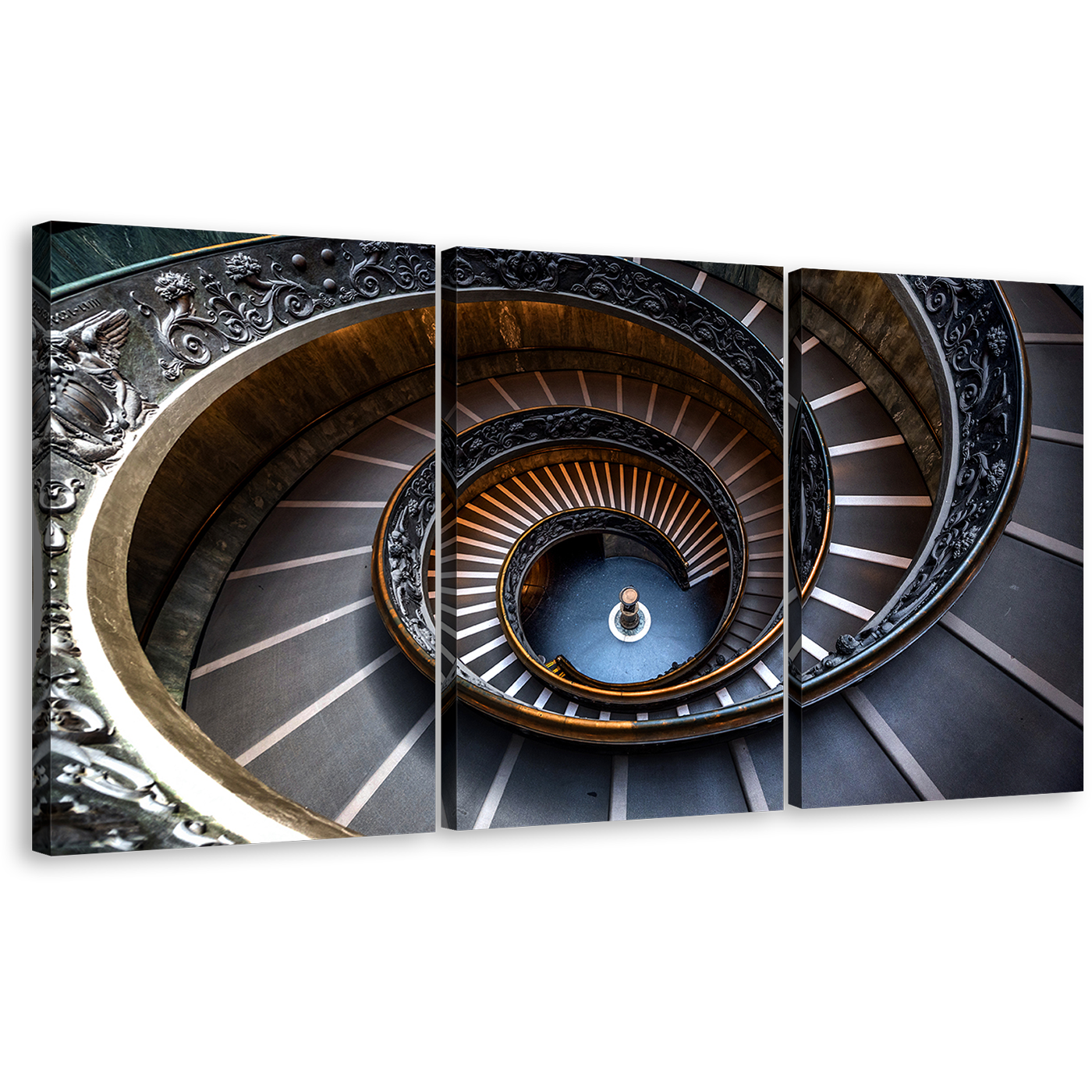 Abstract Architecture Canvas Wall Art, Vatican Museum 3 Piece Multi Canvas Artwork, Brown Grey Abstract Circular Stairs Triptych Canvas Print