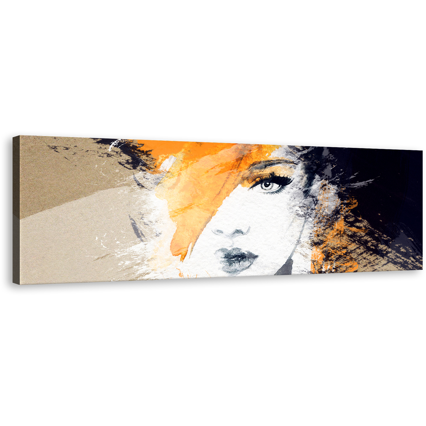 Abstract Canvas Art - Fashion Illustration Orange Female Portrait - Woman's Face Panoramic Print