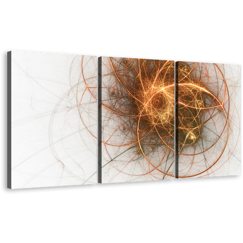 Abstract Circle Canvas Wall Art, Gold Abstract Fractal 3 Piece Canvas Print, White Modern Abstract Canvas Set