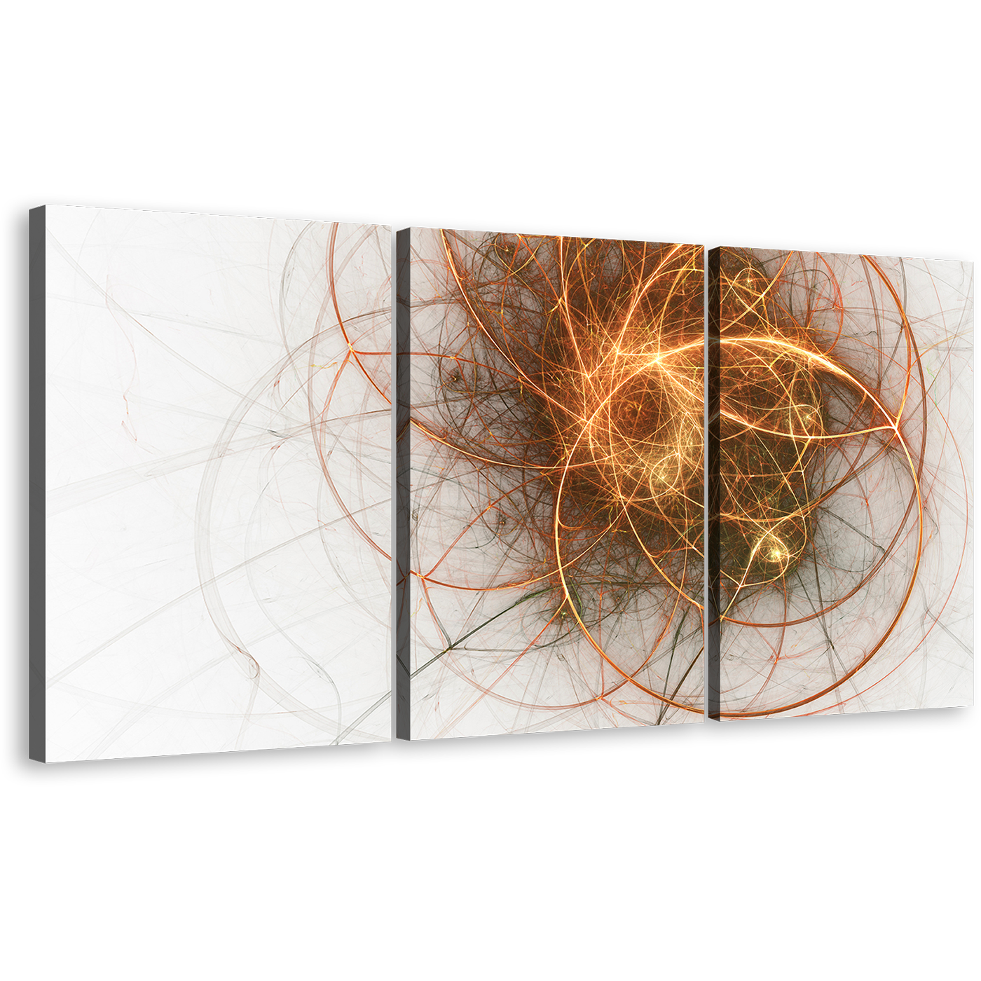 Abstract Circle Canvas Wall Art, Gold Abstract Fractal 3 Piece Canvas Print, White Modern Abstract Canvas Set