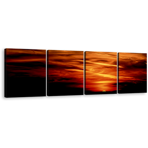 Abstract Clouds Canvas Wall Art, Beautiful Red Orange Sunset Canvas Print, Stormy Evening Dark Clouds 4 Piece Canvas