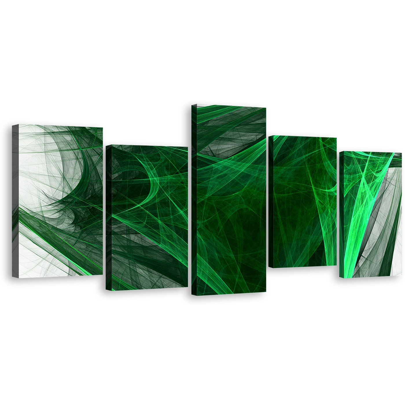 Abstract Design Canvas Print, Black Modern Abstract Digital Artwork 5 Piece Multi Canvas, Green Elegant Abstract Fractal Canvas Wall Art