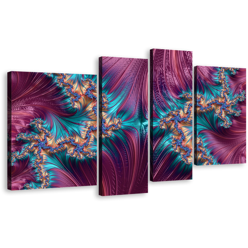 Abstract Design Canvas Print, Blue Abstract Artwork Digital Canvas Set, Purple Abstract Fractal Patterns 4 Piece Canvas Wall Art