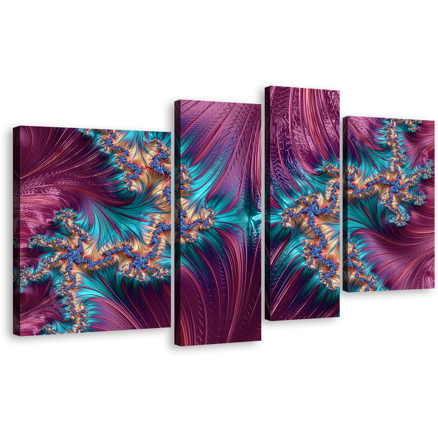 Abstract Design Canvas Print, Blue Abstract Artwork Digital Canvas Set, Purple Abstract Fractal Patterns 4 Piece Canvas Wall Art