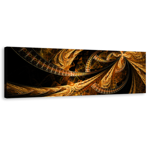 Abstract Design Canvas Wall Art, Brown Deep Abstract Fractal Patterns Panoramic Canvas Print, Black Modern Abstract Wide Canvas