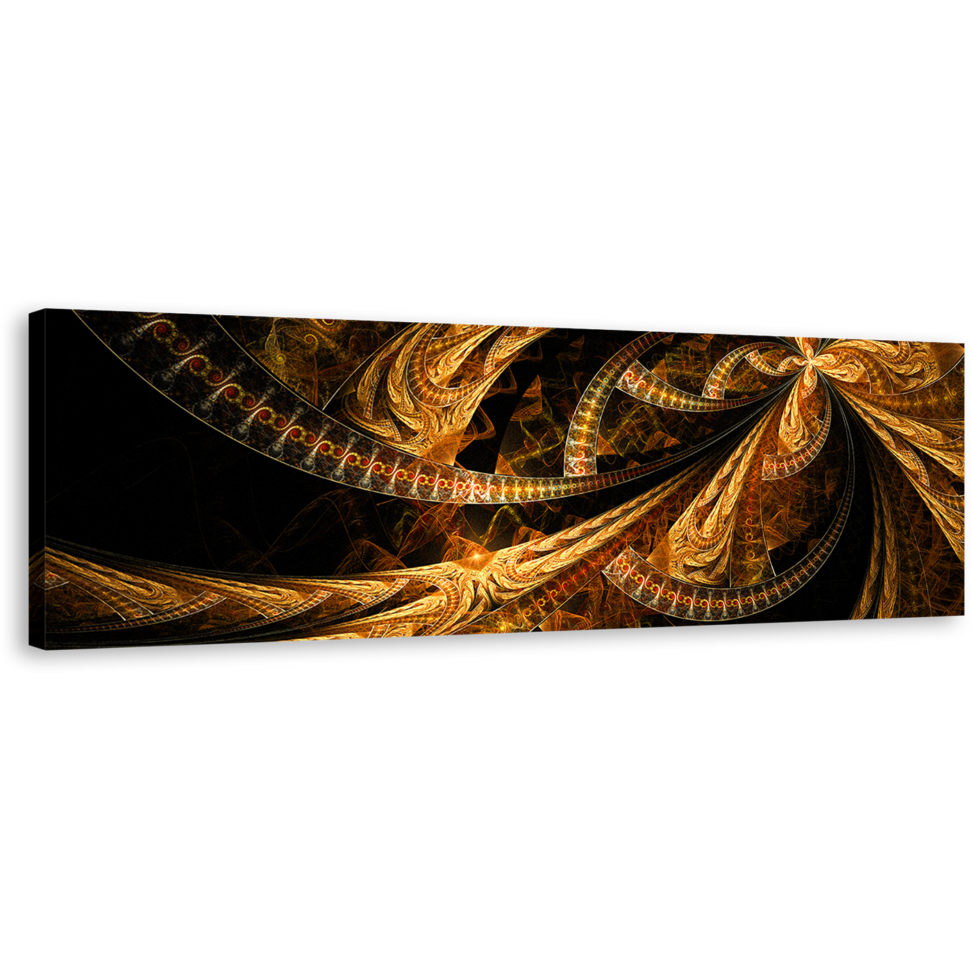 Abstract Design Canvas Wall Art, Brown Deep Abstract Fractal Patterns Panoramic Canvas Print, Black Modern Abstract Wide Canvas