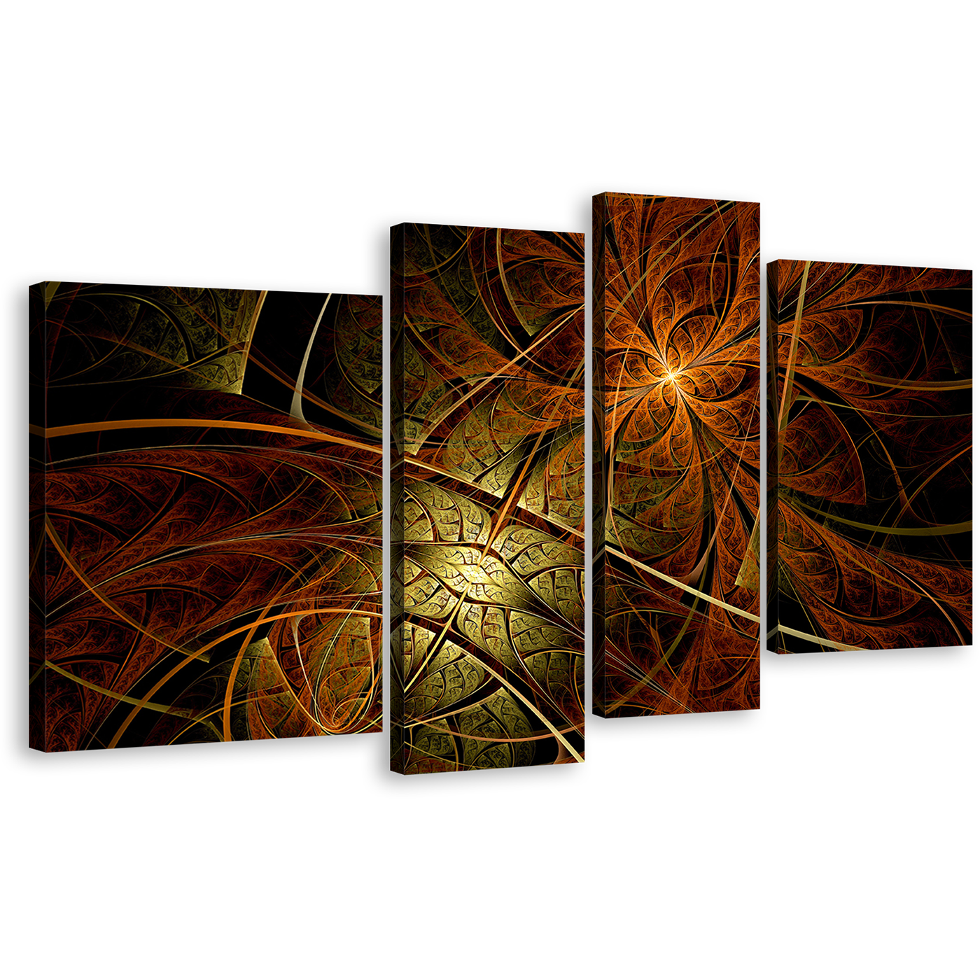 Abstract Design Canvas Wall Art, Digital Abstract Art 4 Piece Canvas, Brown Yellow Fractal Flower Abstract Canvas Print