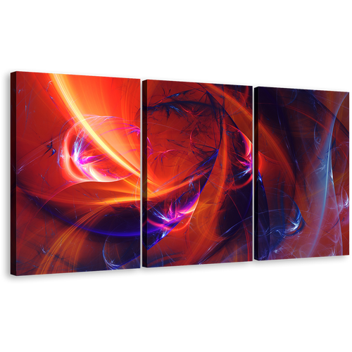 Abstract Design Canvas Wall Art, Red Fractal Abstract Digital Artwork, Blue Bright Abstract Glow 3 Piece Canvas Print