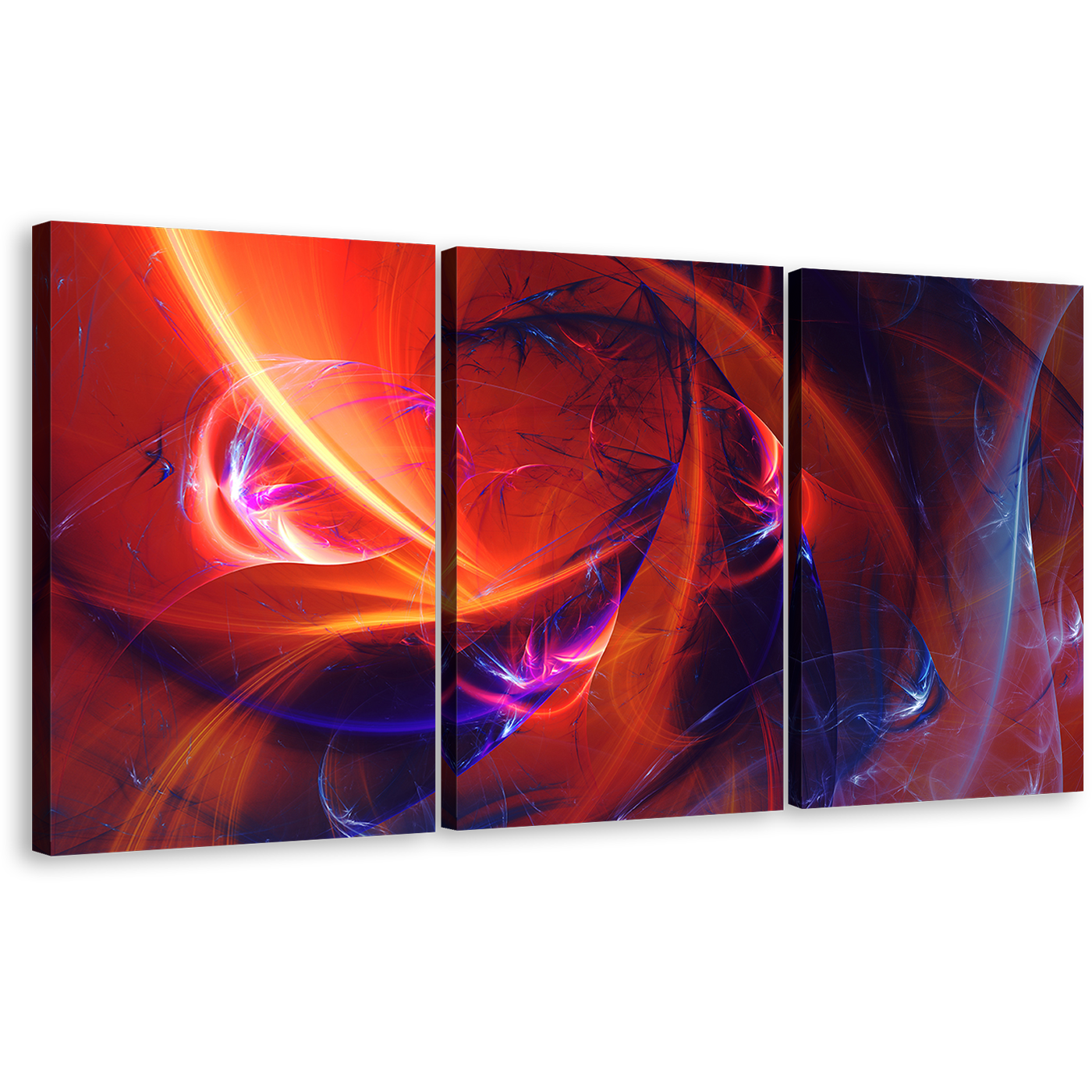 Abstract Design Canvas Wall Art, Red Fractal Abstract Digital Artwork, Blue Bright Abstract Glow 3 Piece Canvas Print