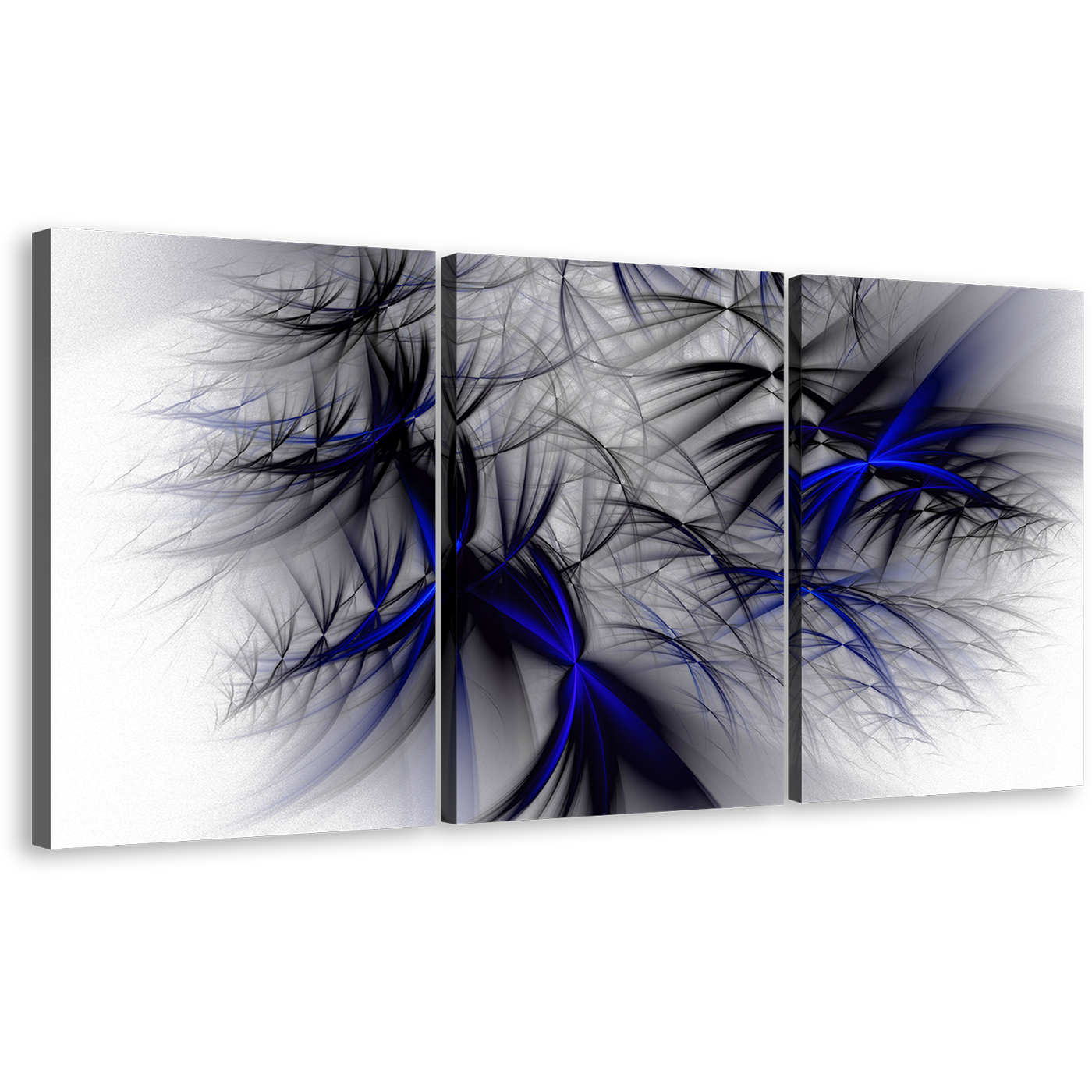 Abstract Design Canvas Wall Art, White Abstract Canvas Set, Black Blue Elegant 3D Abstract fractal 3 Piece Canvas Print