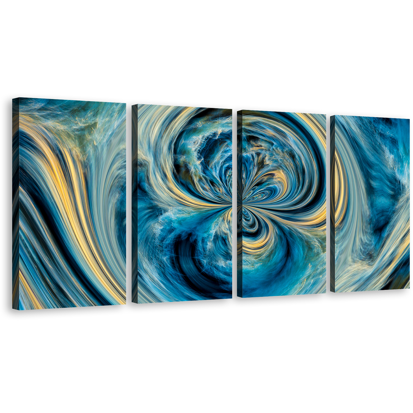 Abstract Dream Canvas Wall Art, Blue Contemporary Abstract 4 Piece Canvas Print Yellow Digital Pour Paint Multiple Canvas