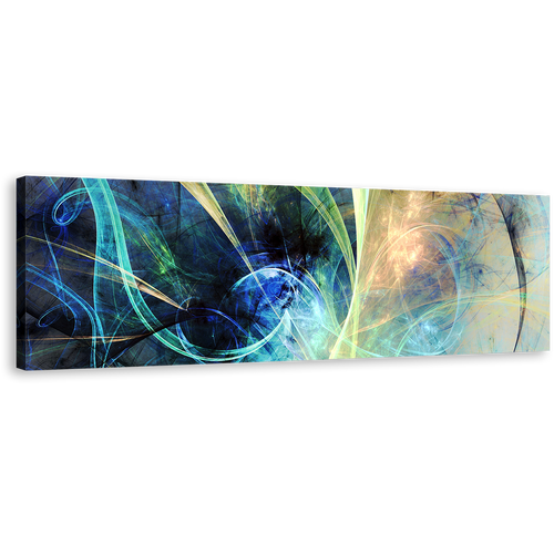 Abstract Electricity Canvas Wall Art, Blue 3D Abstract Fractal Glowing Design Canvas Print, Yellow Abstract Panoramic Canvas Set