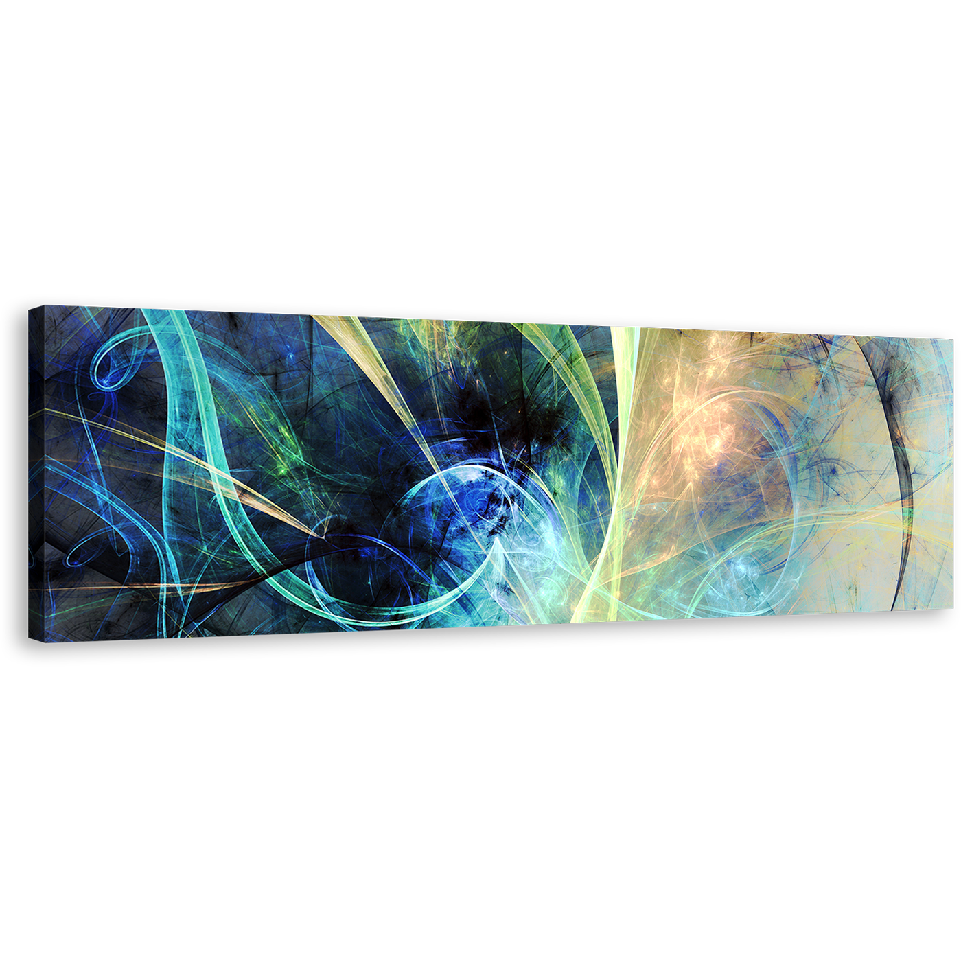 Abstract Electricity Canvas Wall Art, Blue 3D Abstract Fractal Glowing Design Canvas Print, Yellow Abstract Panoramic Canvas Set