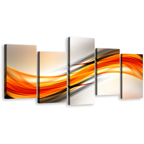 Abstract Elegance Canvas Wall Art, Orange Red Abstract Waves Design Canvas Print, Blue Digital Abstract Painting 5 Piece Multi Canvas