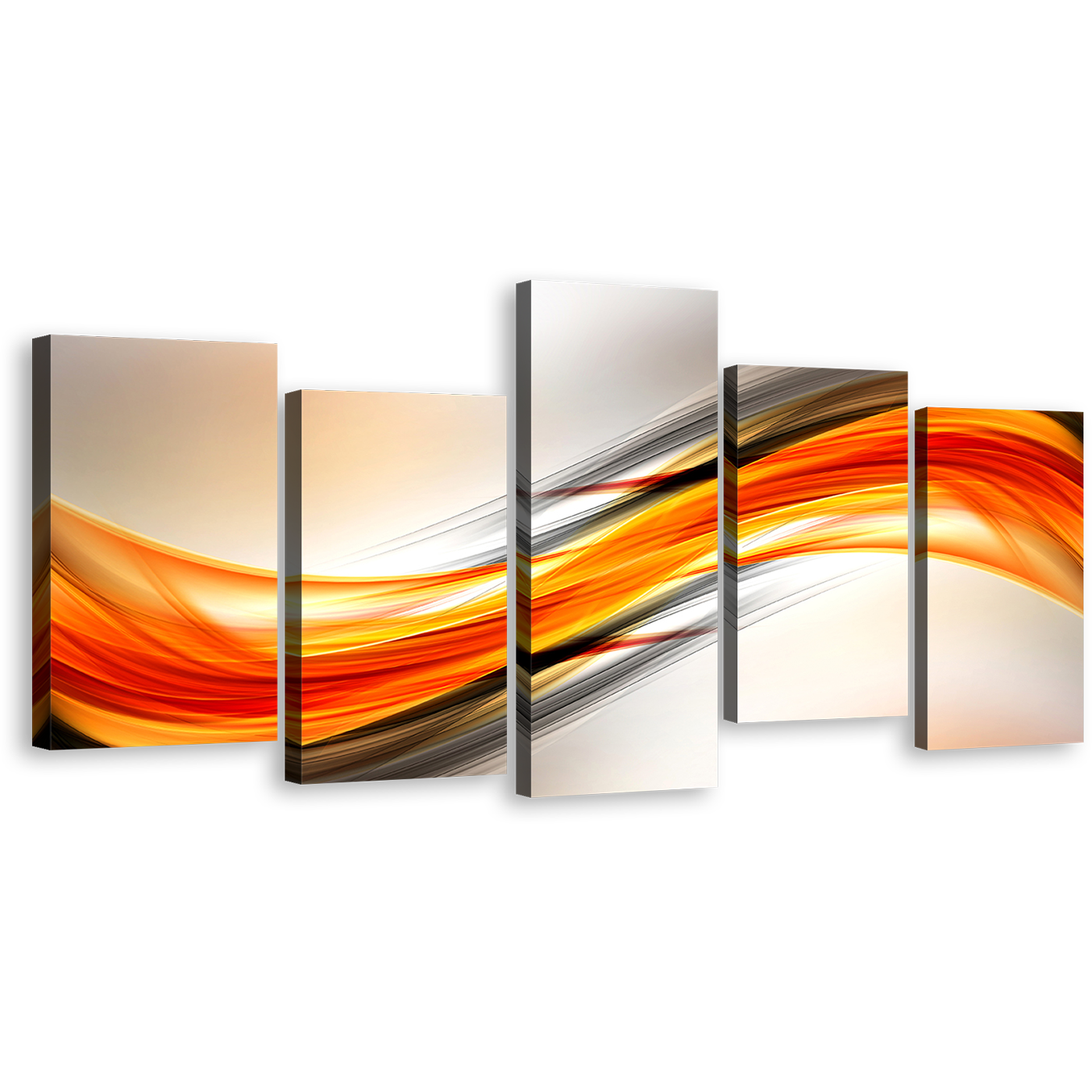 Abstract Elegance Canvas Wall Art, Orange Red Abstract Waves Design Canvas Print, Blue Digital Abstract Painting 5 Piece Multi Canvas