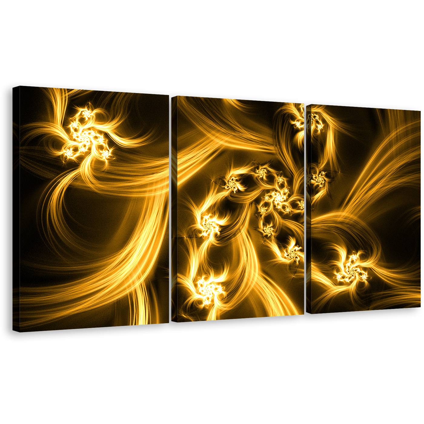 Abstract Energy Canvas Wall Art, Brown Artistic Abstract 3 Piece Canvas Set, Yellow Digital Bright Fractal Canvas Print