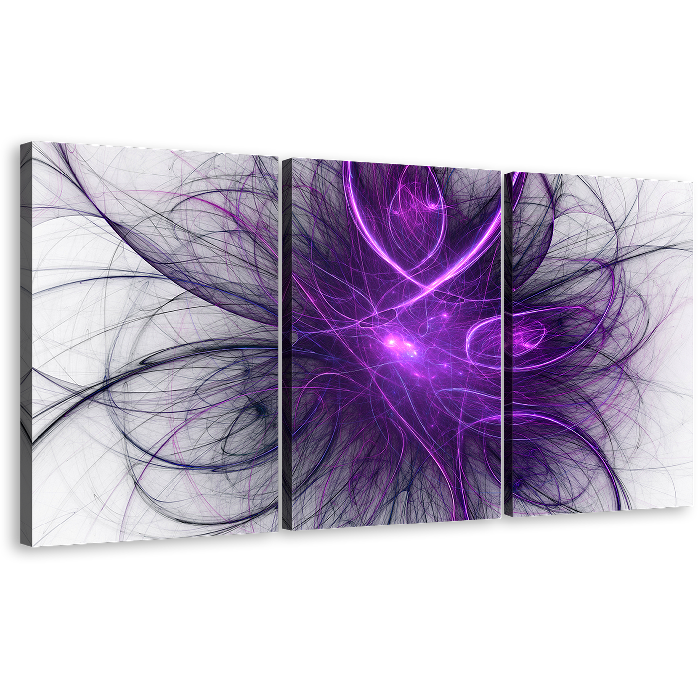 Abstract Energy Canvas Wall Art, Purple Abstract Fractal Circle 3 Piece Multi Canvas, Blue Abstract Fractal Illustration Canvas Print