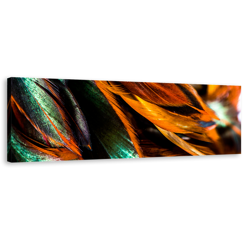 Abstract Feathers Canvas Wall Art, Orange Abstract Bird Feather Canvas Print, Green Vibrant Feathers Panoramic Canvas Artwork