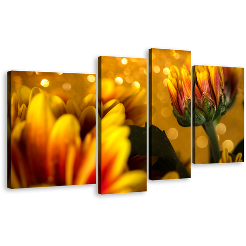 Abstract Floral Canvas Wall Art, Yellow Chrysanthemum Flowers Canvas Art Print, Golden Flowers Background 4 Piece Multi Canvas