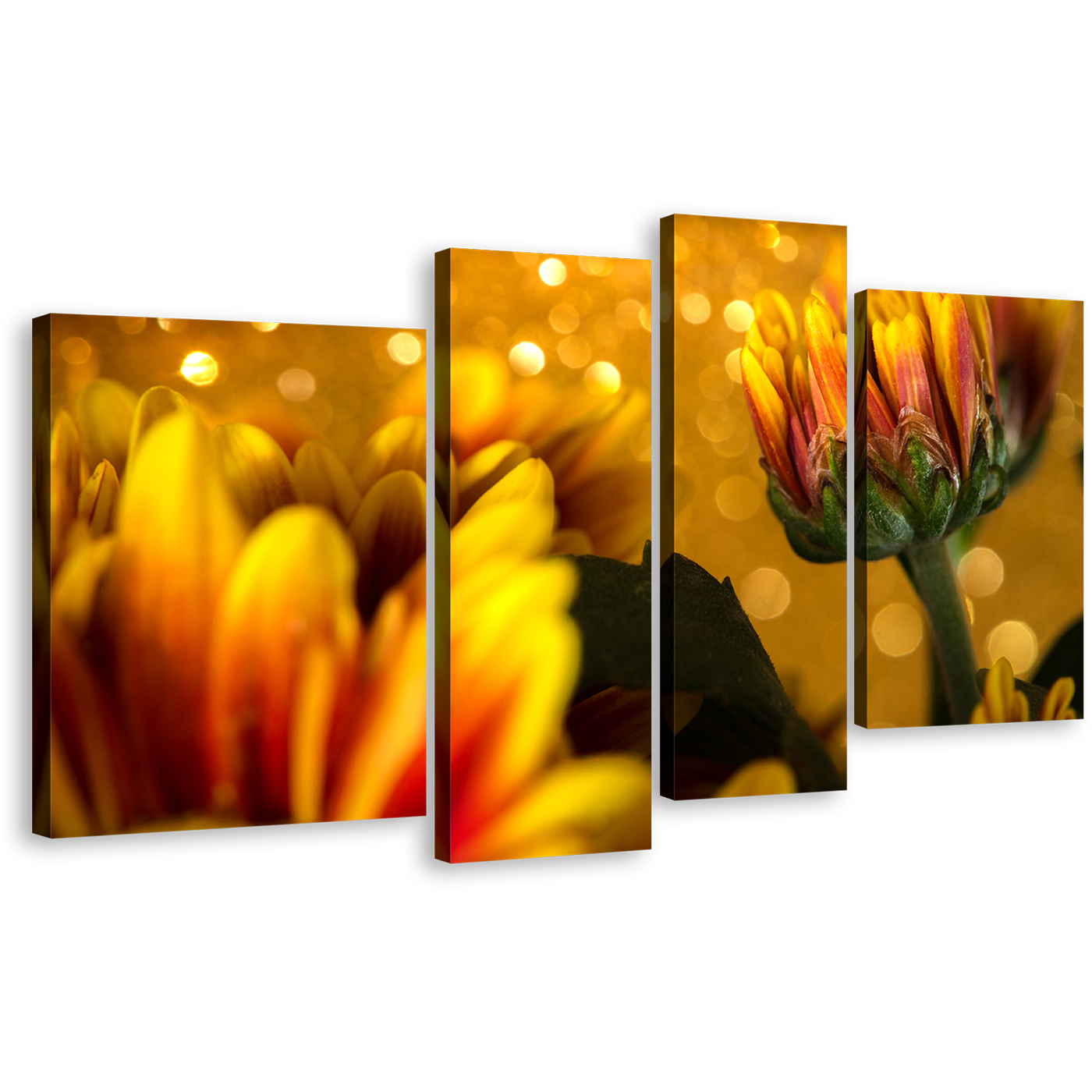 Abstract Floral Canvas Wall Art, Yellow Chrysanthemum Flowers Canvas Art Print, Golden Flowers Background 4 Piece Multi Canvas